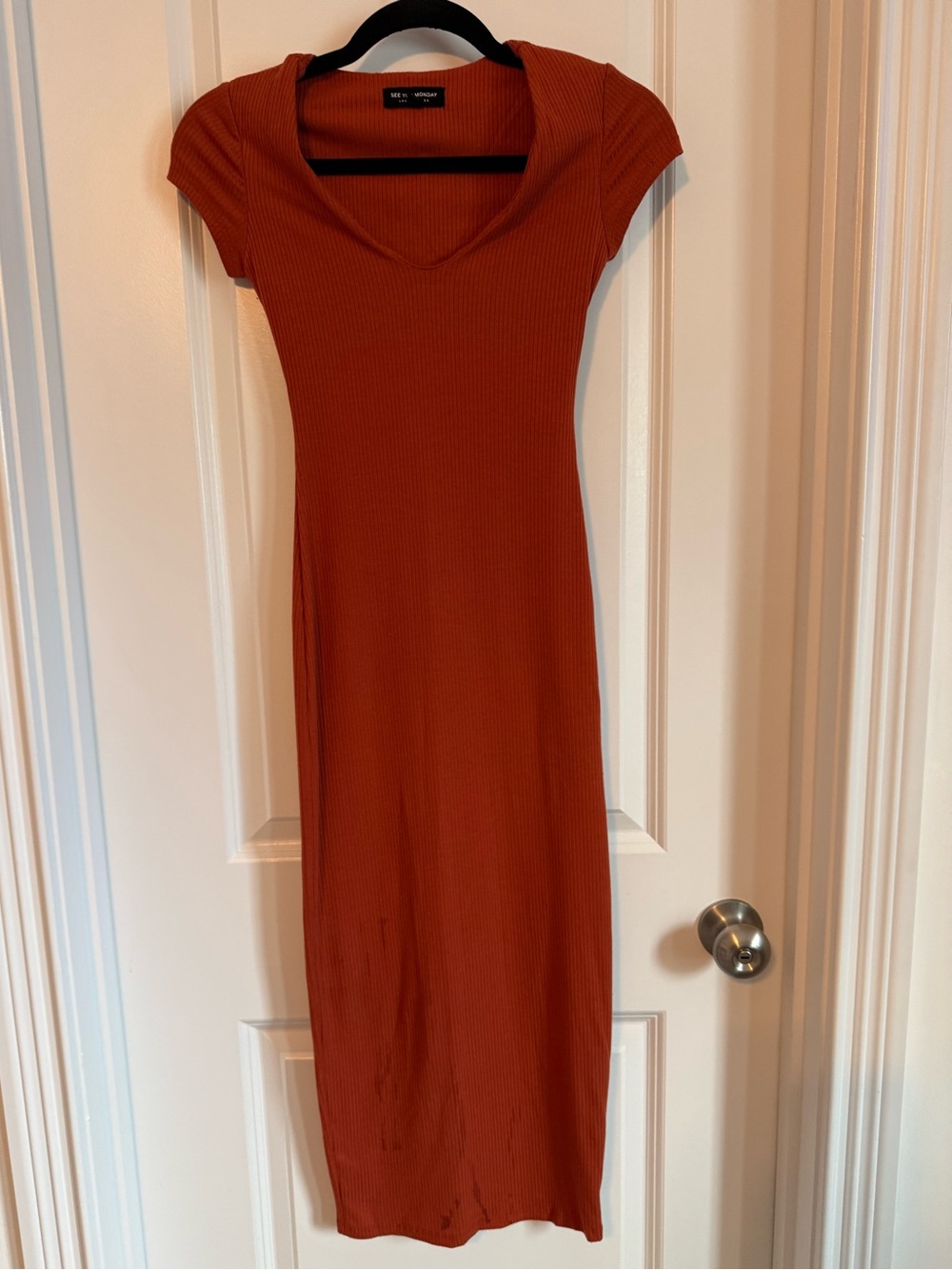 WOMENS SEE YOU MONDAY RIBBED BURNT ORANGE MIDI DRESS SIZE XS